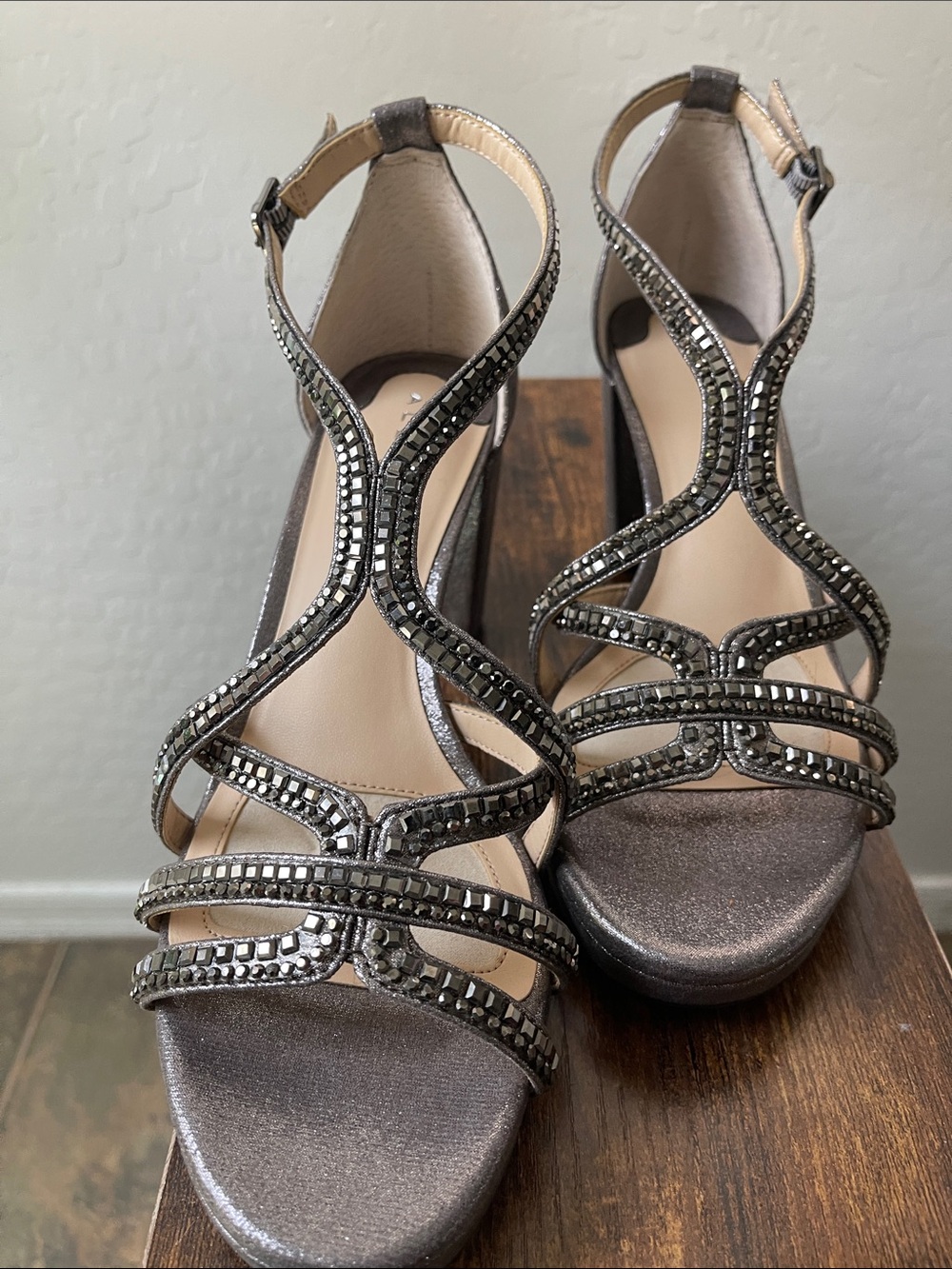 Alex Marie Metallic Pewter Crystal-Strap Heels